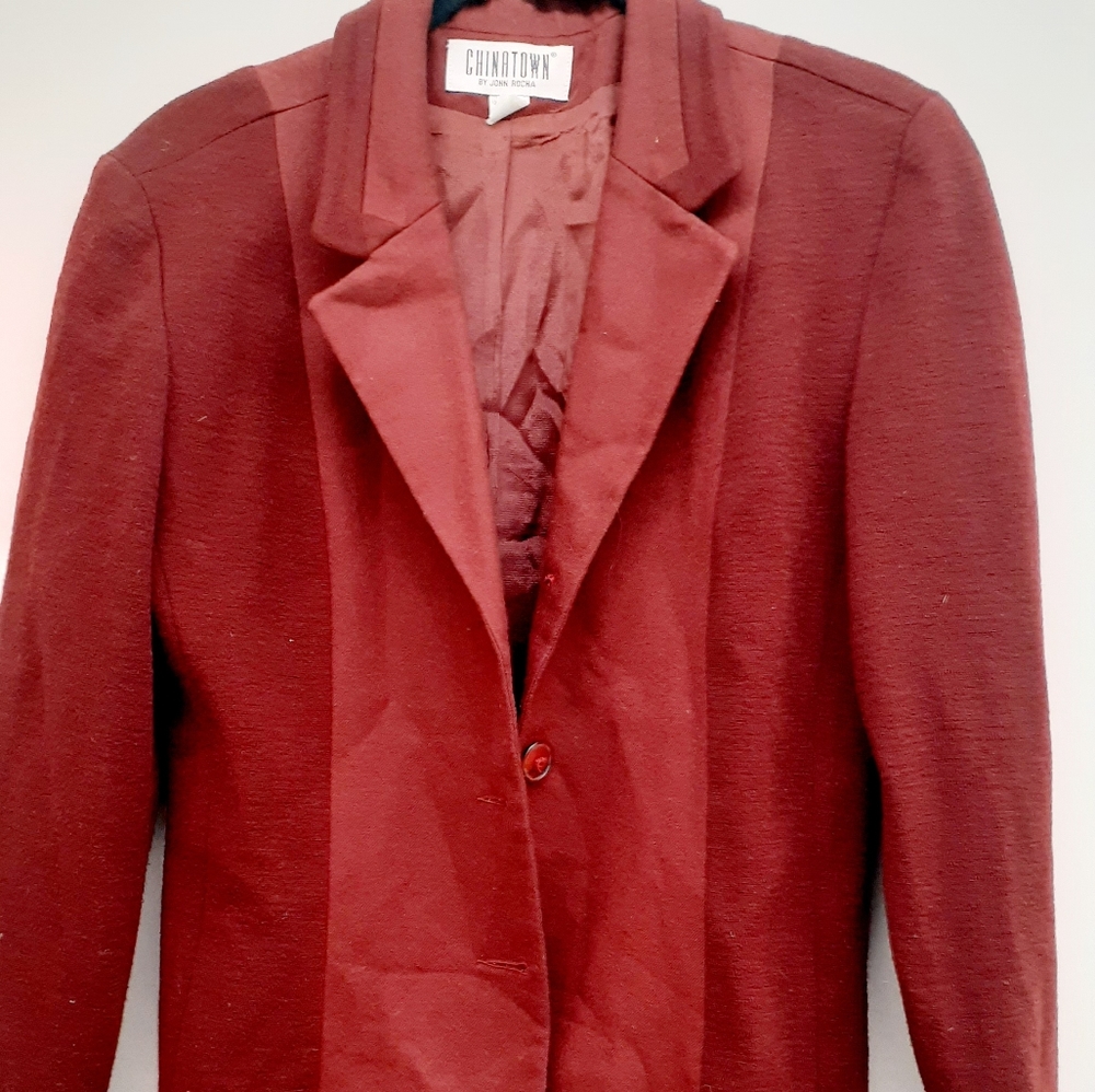Vtg Chinatown by John Rocha Wine Red Wool Blazer Jacket pea COAT 12 UK 8 US